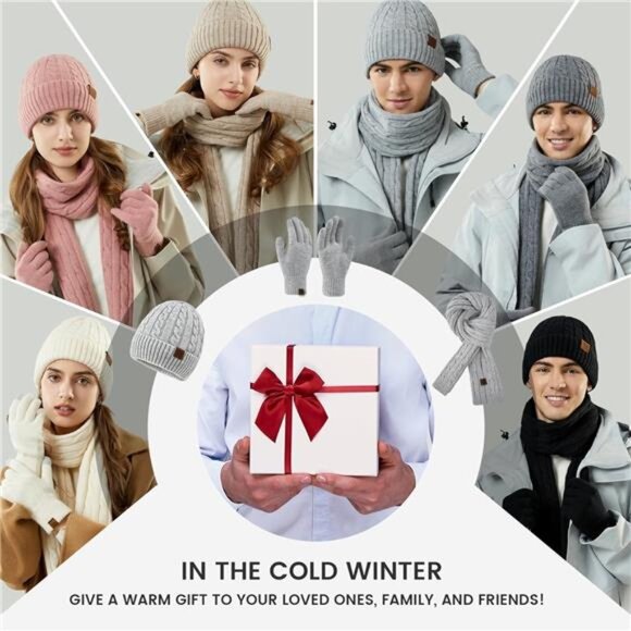 Womens Winter Hat Scarf Gloves Set Knit Fleece Lined Touch Screen Cold Weather - Picture 6 of 7